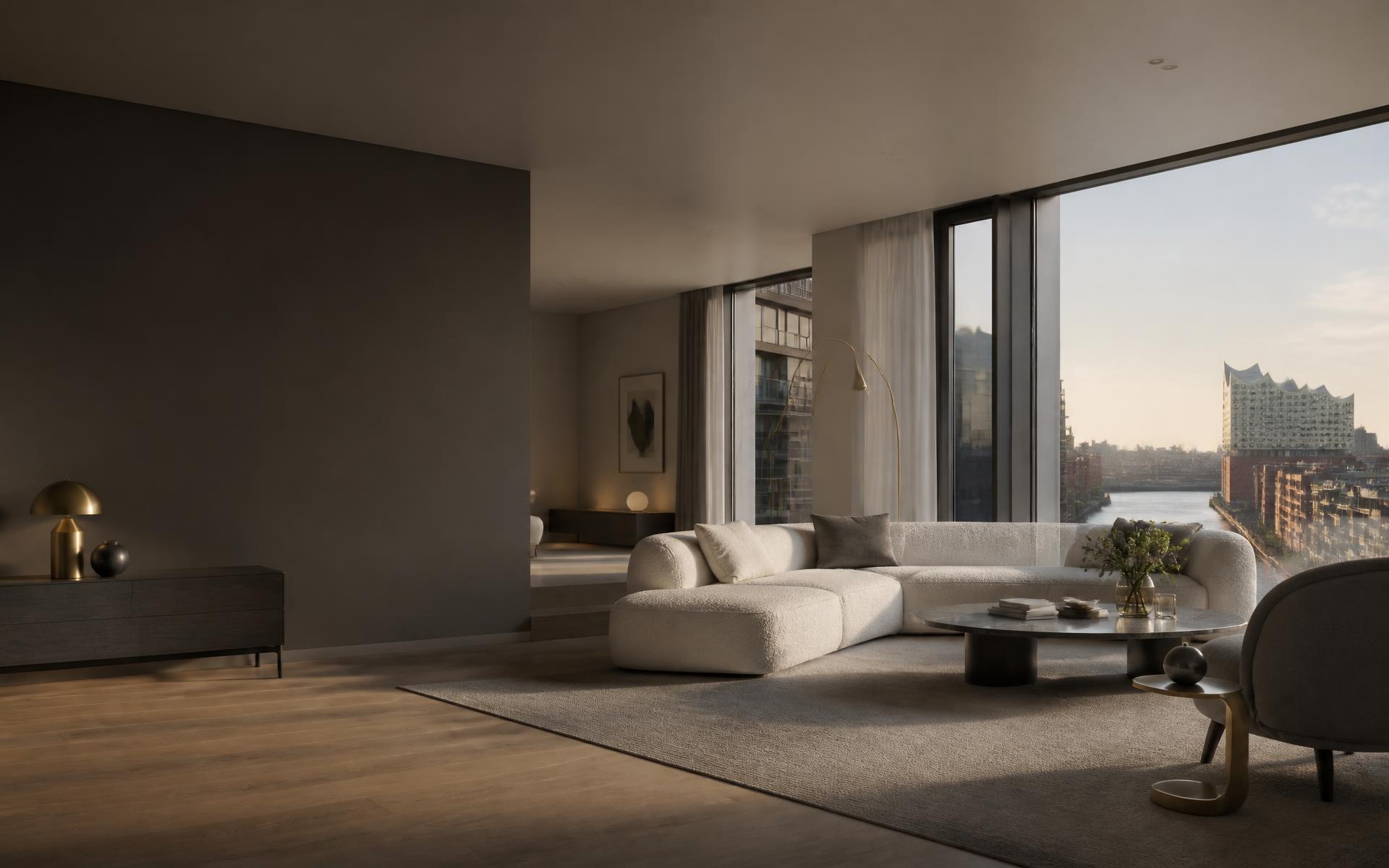 Modern und hochwertig eingerichteter Apartment-Wohnbereich mit hellem Tageslicht